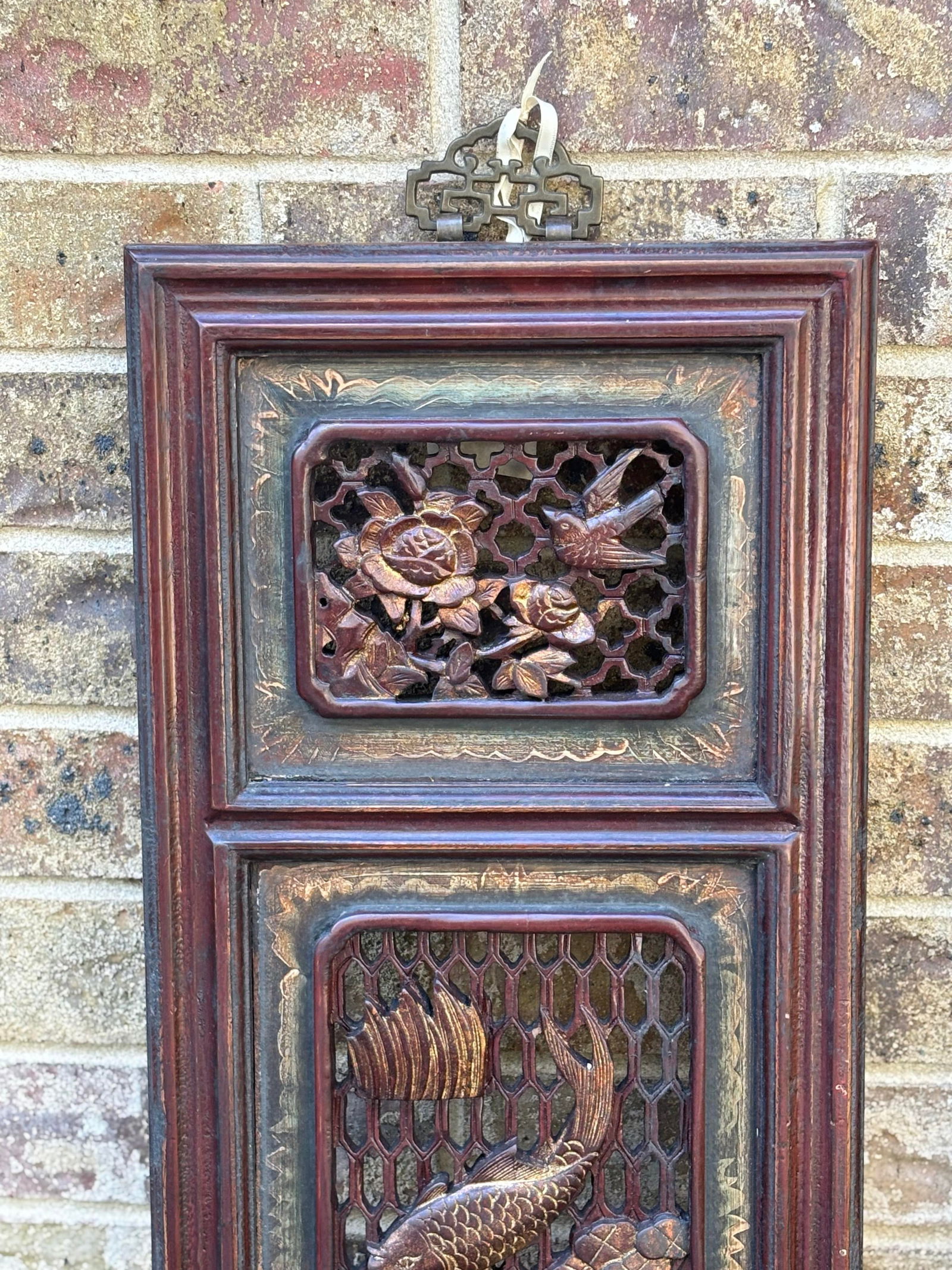 1875 Chinese Red Intricate Wooden Carved Door Panels in Gold, a Pair - 5