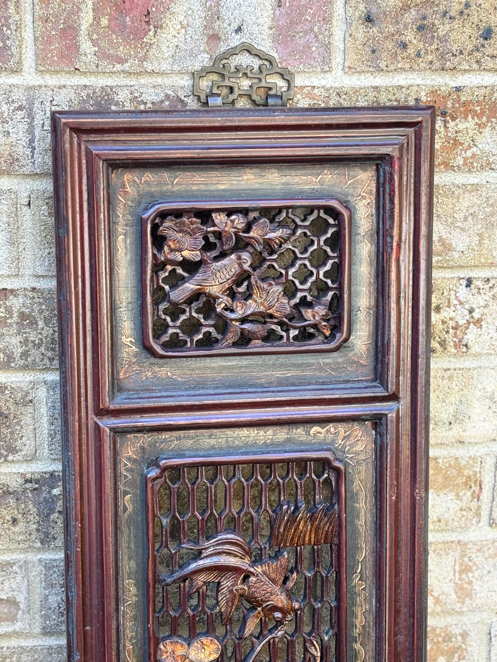1875 Chinese Red Intricate Wooden Carved Door Panels in Gold, a Pair - 6