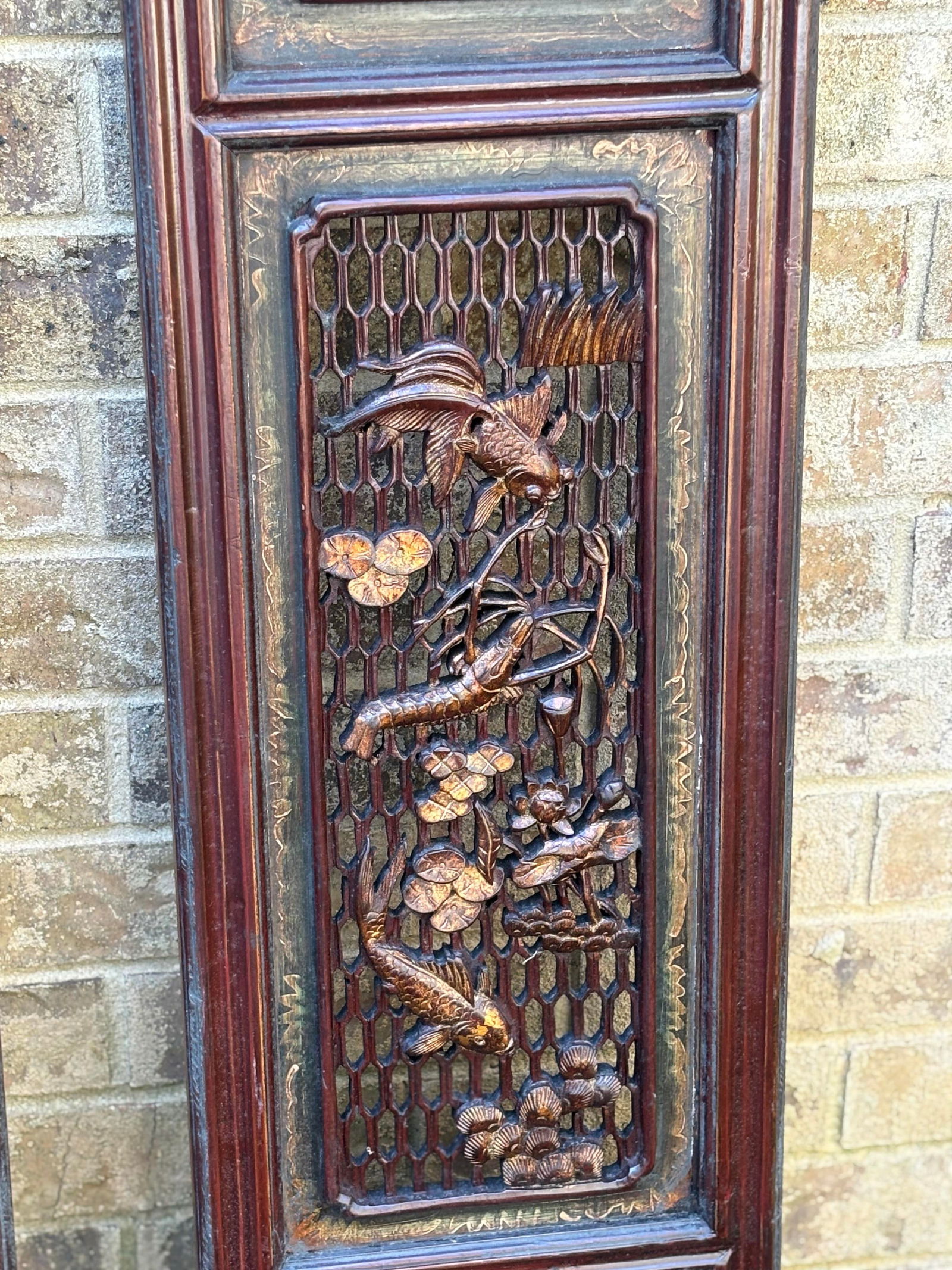 1875 Chinese Red Intricate Wooden Carved Door Panels in Gold, a Pair - 7
