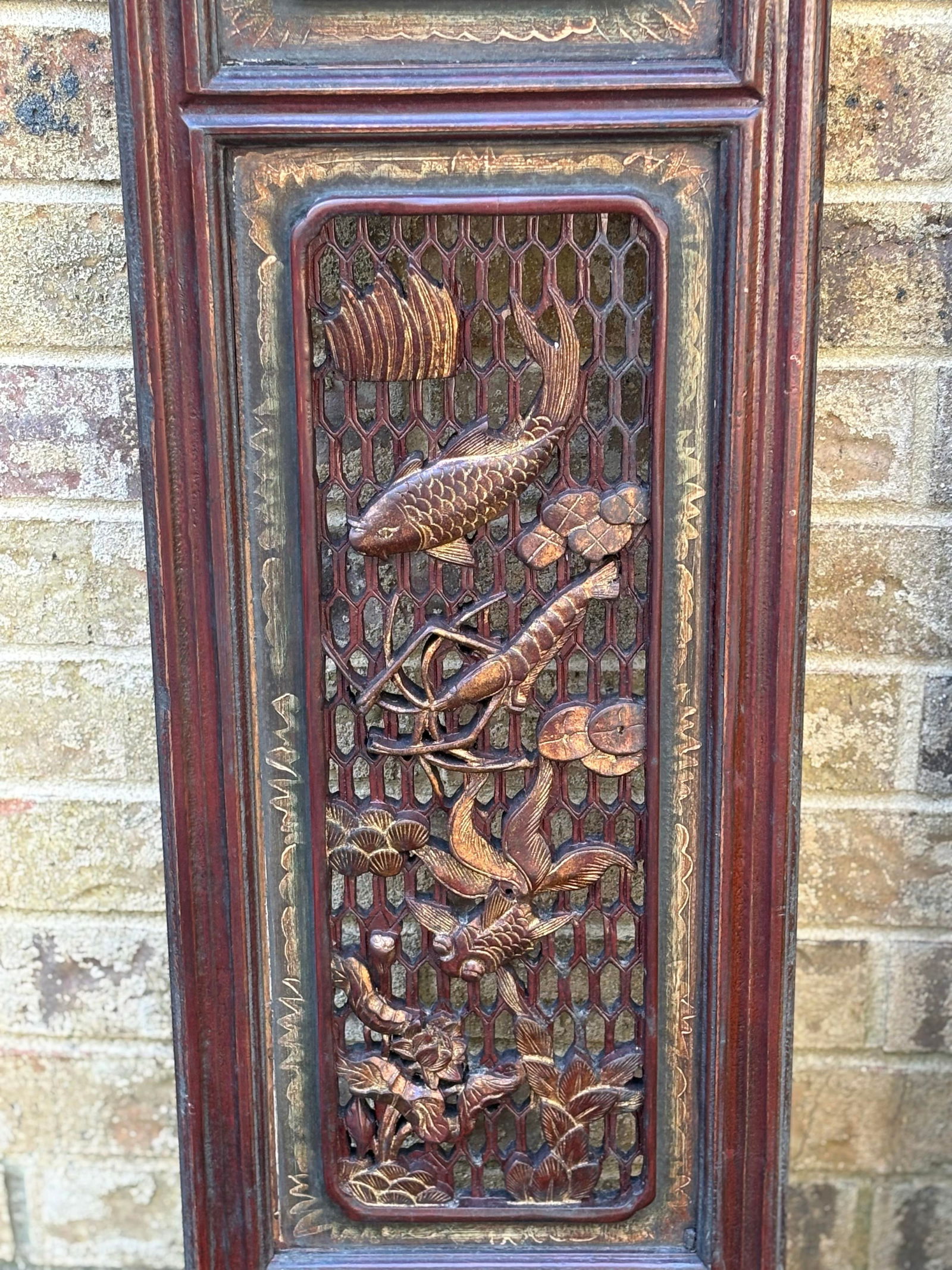1875 Chinese Red Intricate Wooden Carved Door Panels in Gold, a Pair - 8