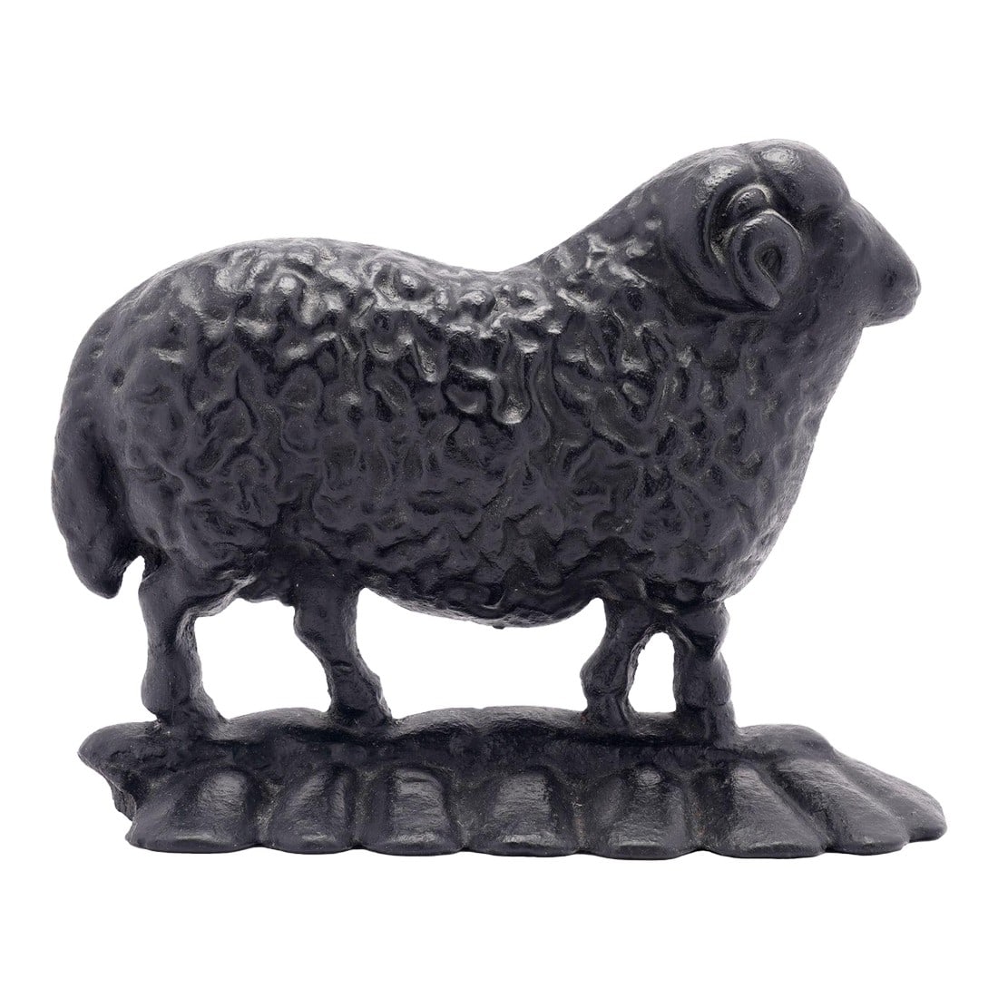 English Victorian Cast Iron Ram Doorstop, C. 1880: Painted English Victorian cast iron ram doorstop with hollow back. The ram is right facing and has a full, textured coat with a curled, protruding horn. England, circa 1880. Dimensions: 8-1/4" L x