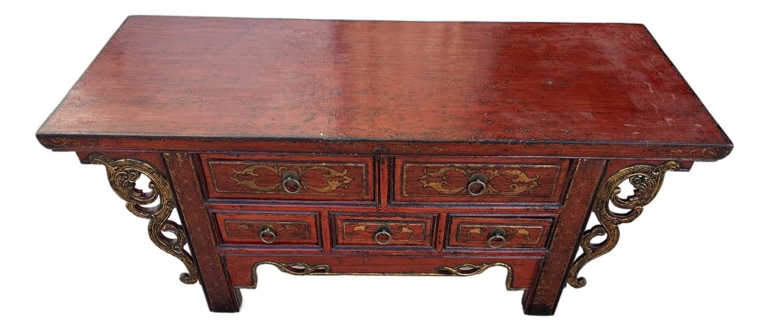 Mid 19th Century Traditional Chinese Antique Red Lacquered Wooden Table: This traditional Chinese antique red lacquered wooden table is a striking expression of classical Chinese craftsmanship, celebrated for its bold color, refined proportions, and timeless cultural elega