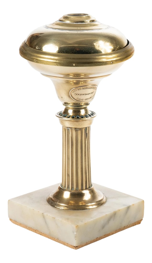 1840 Small Brass Astral Lamp on Square Marble Base by Dietz & Co.: Small brass and marble solar lamp bearing the brass label of Dietz & Co. New York, circa 1840. Condition: Alterations: Restored Imperfections: Some Imperfections Condition Notes: Brass surfaces