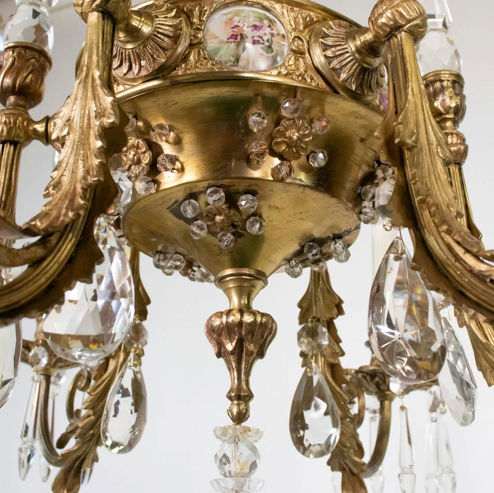Early 20th Century French Rococo Revival Six Arm Gilt Bronze and Crystal Chandelier With Porcelain P - 10