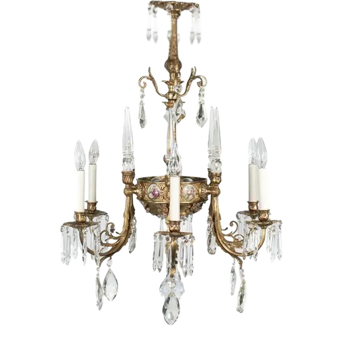 Early 20th Century French Rococo Revival Six Arm Gilt Bronze and Crystal Chandelier With Porcelain P: This early 20th-century six-arm Rococo-style gilt bronze and crystal chandelier features porcelain plaques inspired by the works of Jean-Honoré Fragonard, a renowned French Rococo painter. The Ro