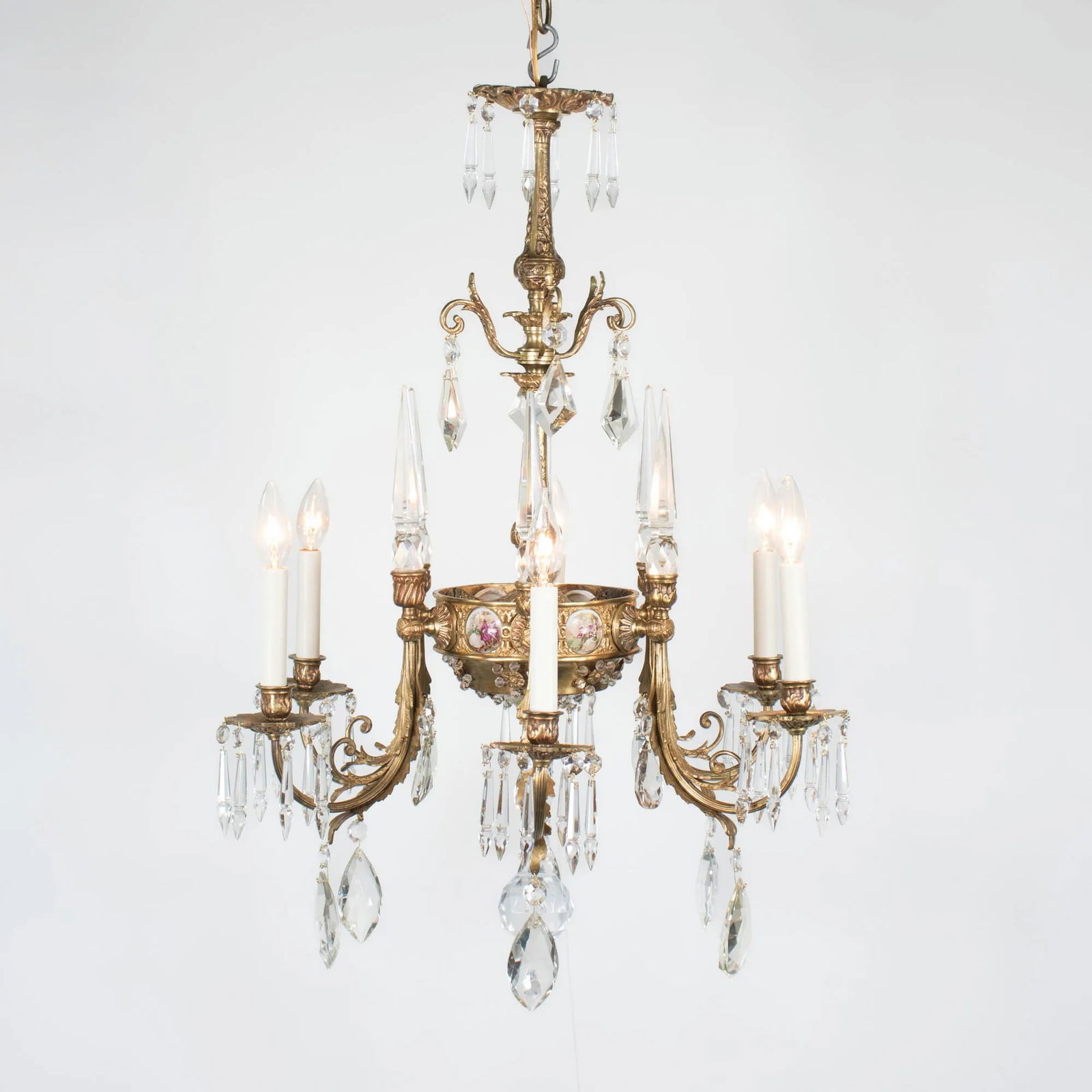 Early 20th Century French Rococo Revival Six Arm Gilt Bronze and Crystal Chandelier With Porcelain P - 2