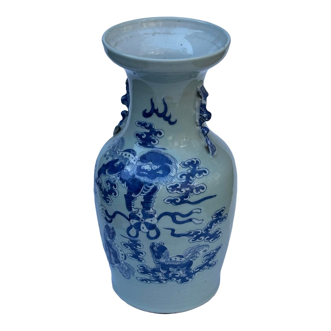 Blue Chinoiserie Vase With Foo Dogs: This striking blue chinoiserie vase showcases timeless Eastern elegance, richly adorned with intricate hand-painted motifs and powerful Foo Dog figures symbolizing protection, strength, and