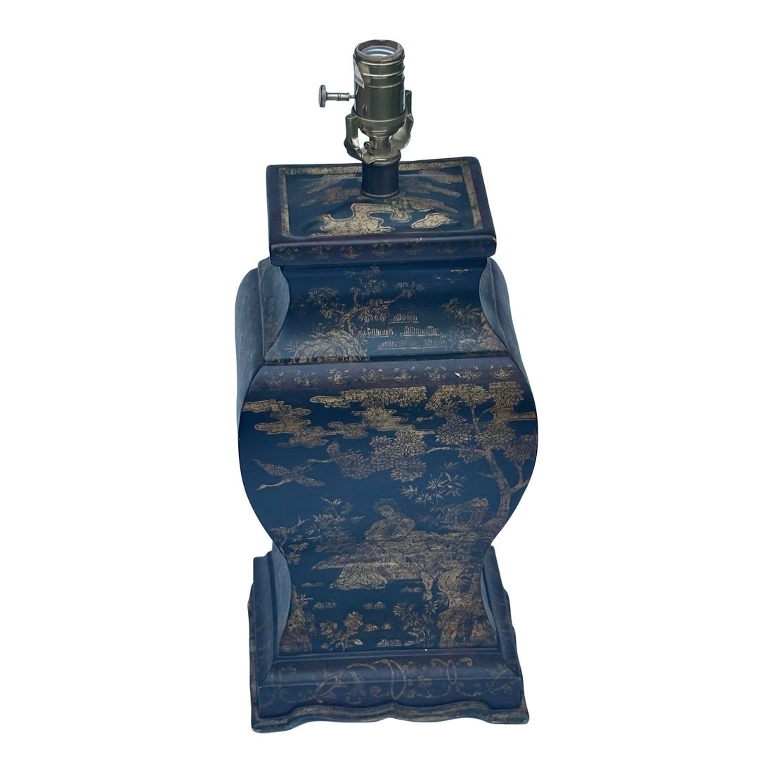 Mid 20th Century Chinoiserie Styled Black and Gold Accent Table Lamp: This elegant Chinoiserie black and gold accent table lamp exudes refined luxury and timeless appeal. The richly decorated surface is both dramatic and sophisticated, creating a luminous focal point wh