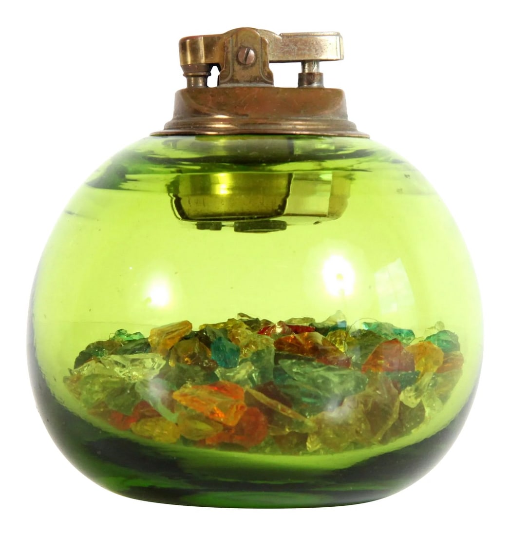Vintage Mid Century Modern Green Art Glass Table Lighter: Stunning vintage mid century modern green art glass table lighter! Has pieces of broken colorful glass inside of it, which can be removed and replaced with something else if you were so inclined. 