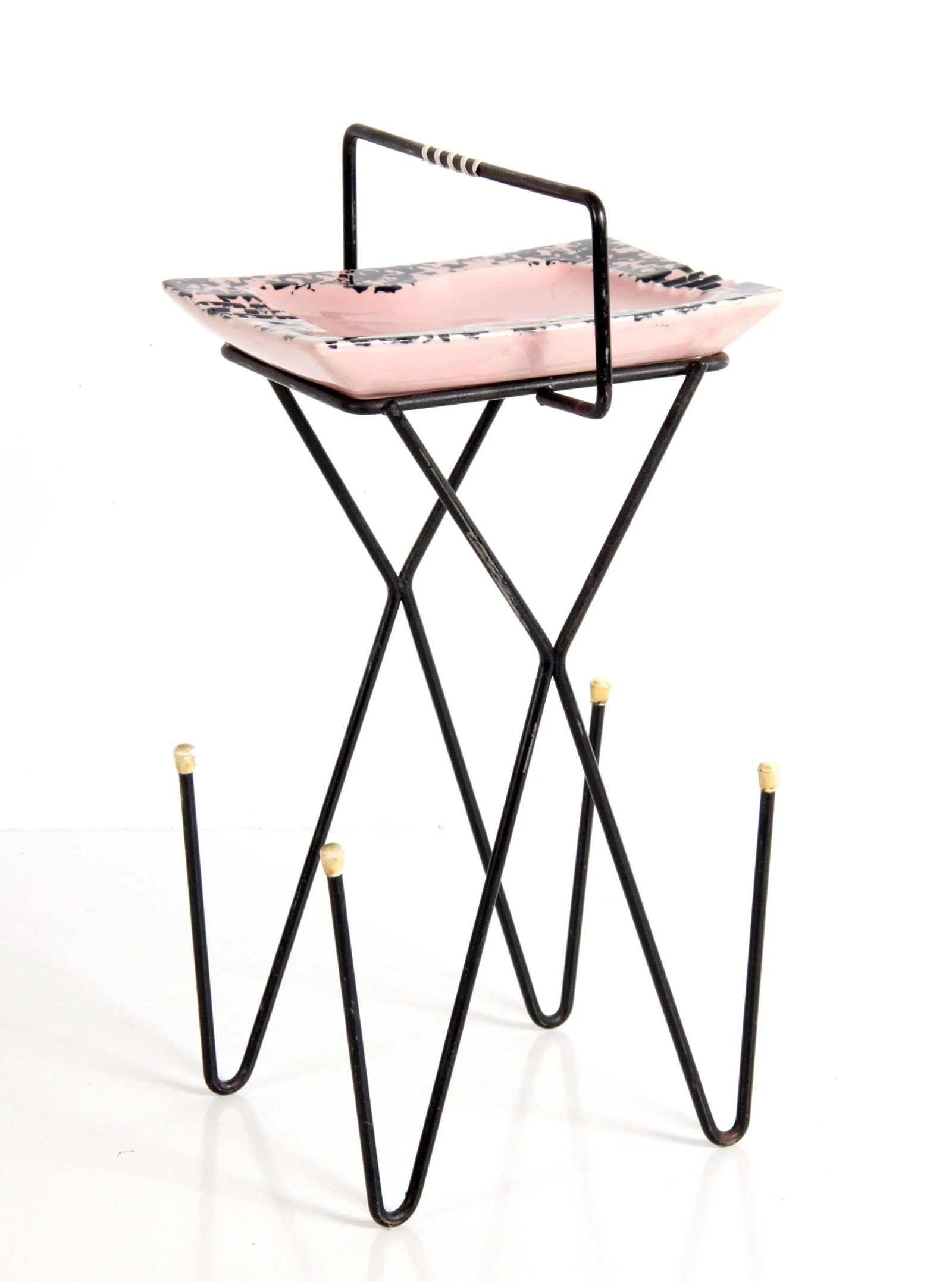 Mid Century Modern Pink Ceramic & Wrought Iron Hairpin Ashtray Stand - 12