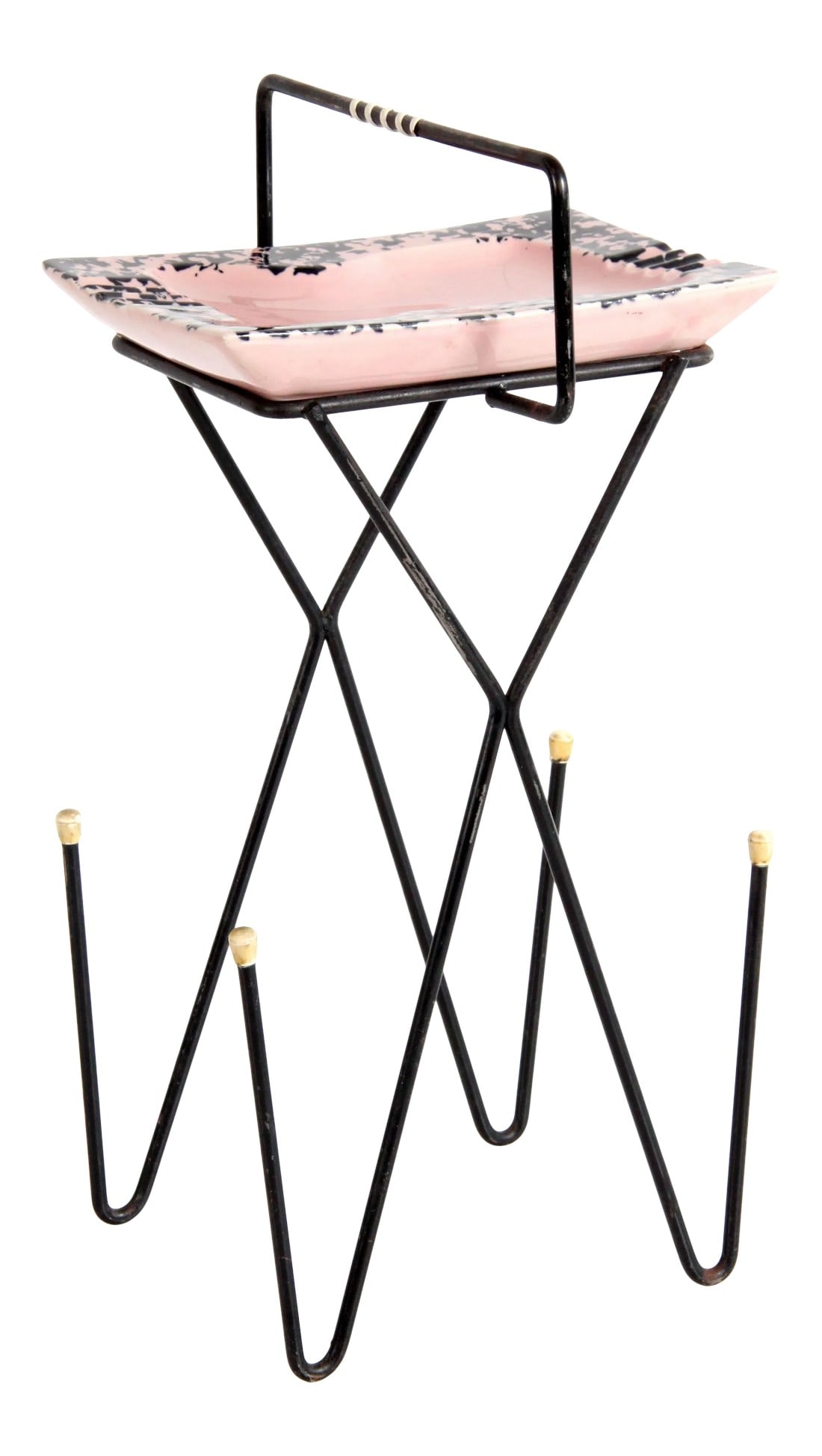 Mid Century Modern Pink Ceramic & Wrought Iron Hairpin Ashtray Stand: SUPER cool vintage c.1950's mid century modern wrought iron ashtray stand with it's original pink & black ceramic ashtray! Absolutely awesome design to it, very much in the style of Arthur Umanoff, Pa