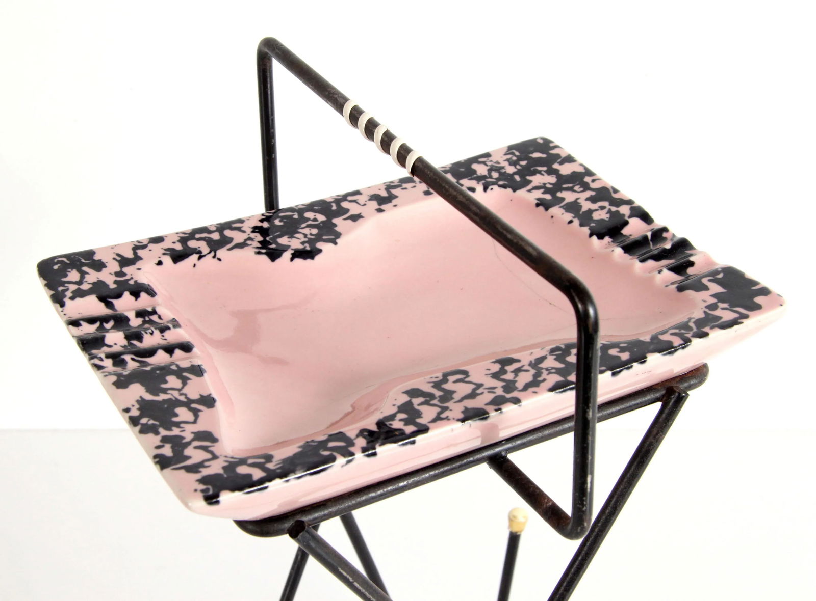 Mid Century Modern Pink Ceramic & Wrought Iron Hairpin Ashtray Stand - 3