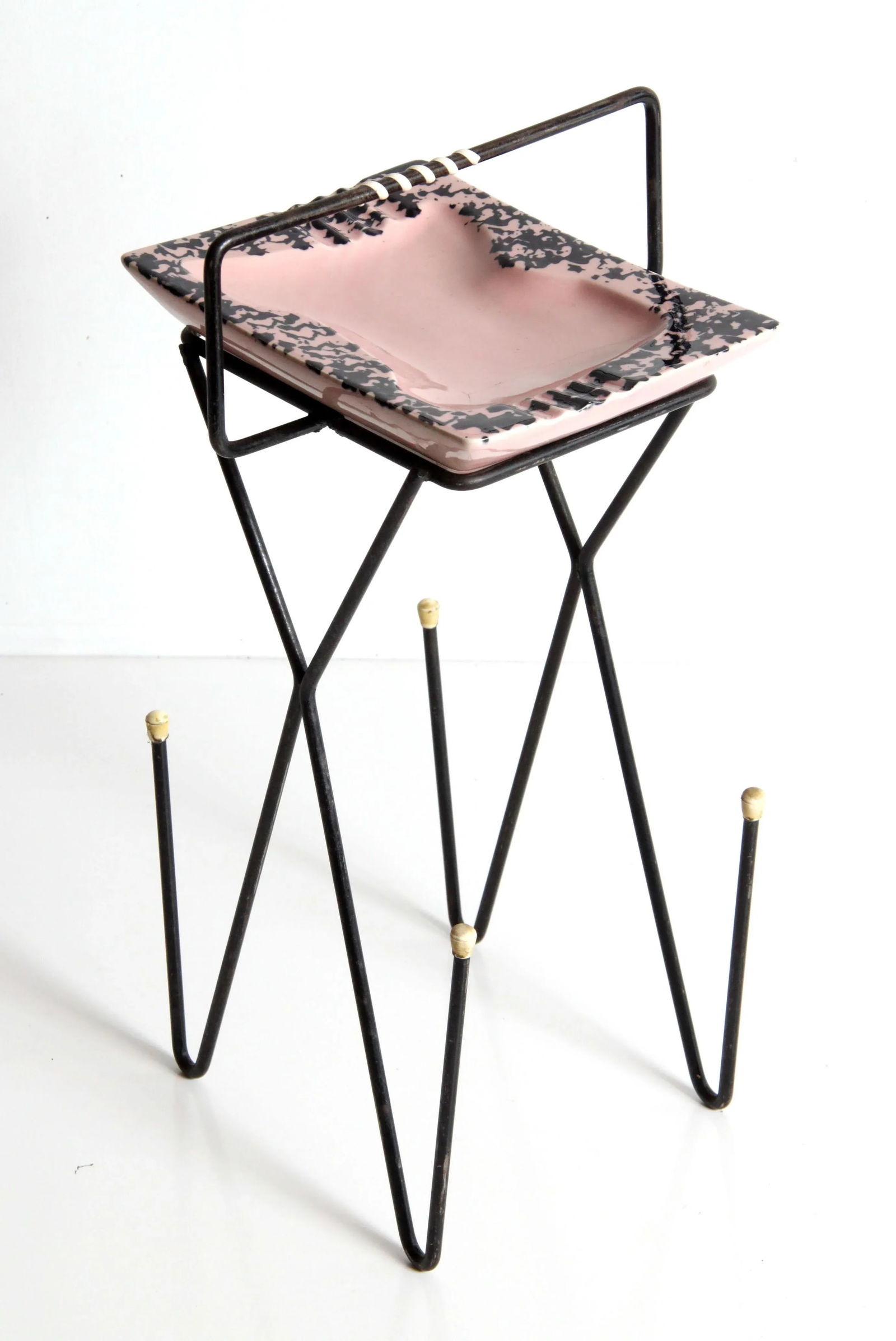 Mid Century Modern Pink Ceramic & Wrought Iron Hairpin Ashtray Stand - 6