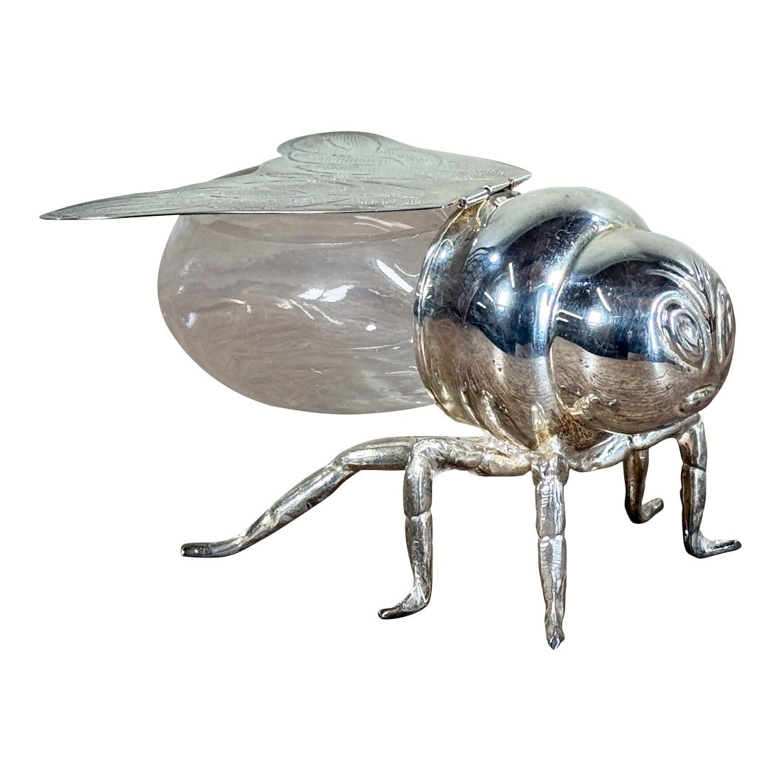 Godinger Silverplate Bee Trinket Box With Glass Body Hinged Wings: Late 20th century Godinger silver-plated bee trinket or candy box with a clear glass body and hinged wings forming the lid. Whimsical figural design with articulated legs and polished silverplate