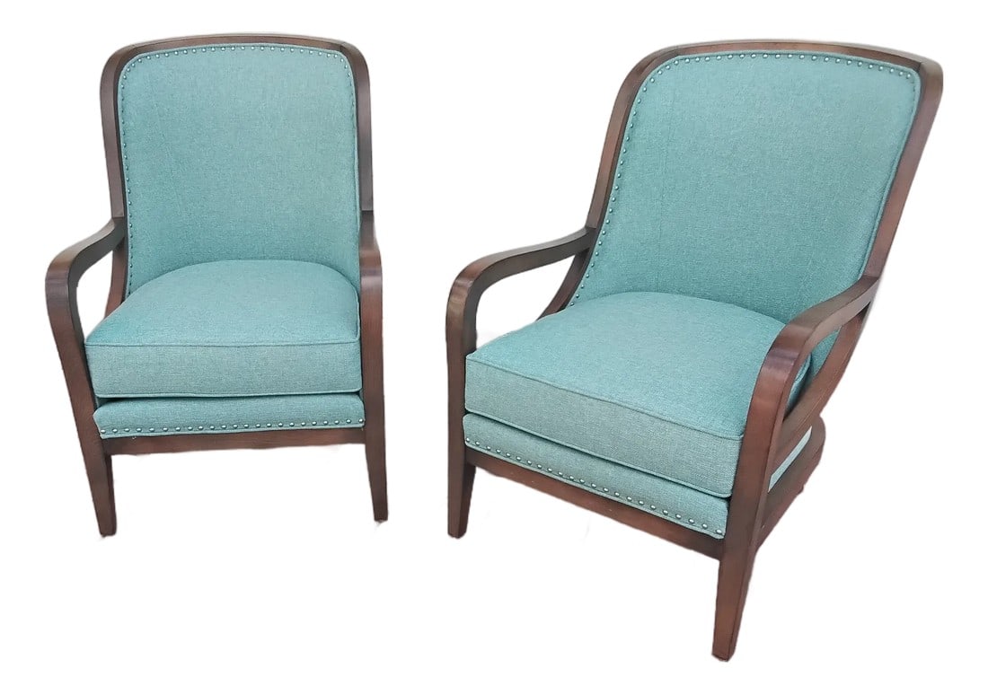 Pair of Sam Moore Accent Chairs: These are so beautiful, the rich walnut wood and aqua fabric, will take center stage in your room. Sam Moore make exquisite furniture with quality in mind. You can count on these chairs lasting for a