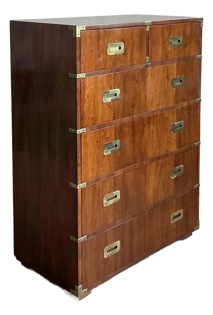 Vintage Boho Henredon Campaign Tall Chest of Drawers: Embrace timeless sophistication with this exquisite vintage campaign tallboy chest by the celebrated American maker, Henredon. This stunning piece is a masterclass in Campaign design, drawing