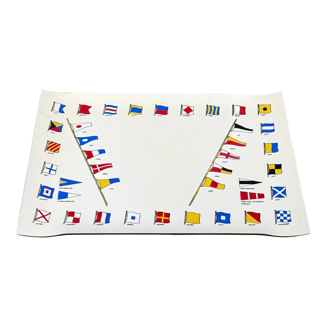 Vintage Nautical Signal Flags Plastic Serving Tray Barware: Vintage molded plastic tray featuring a colorful nautical signal flag chart with international maritime flags labeled by name on a cream ground with gently upturned edges; a lightweight, durable