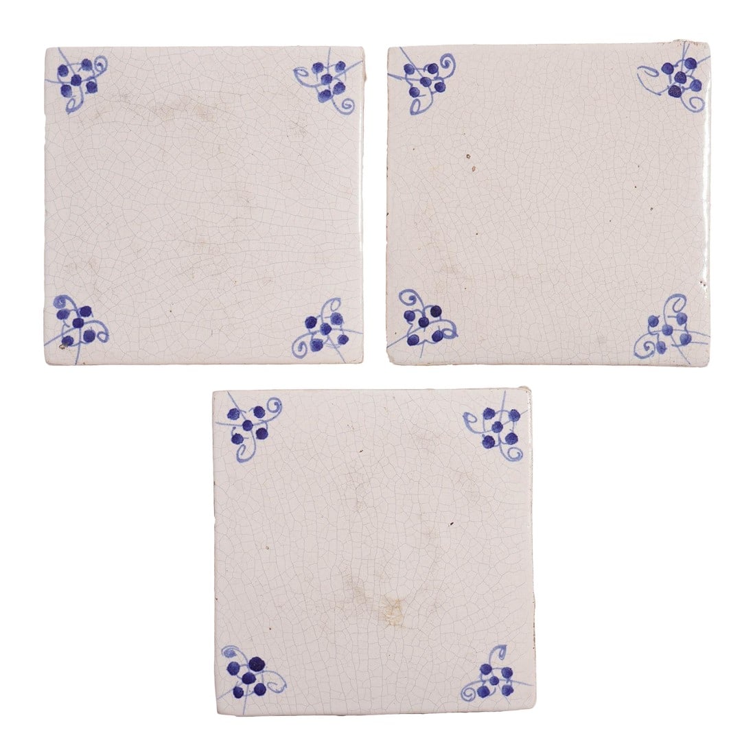 Set of 3 Delft Tiles With Cobalt Spider Corners, C. 1700: Set of 3 Delft faience tiles with cobalt spider corners. Netherlands, circa 1700. Condition: Alterations: Original Condition Unaltered Imperfections: Some Imperfections Condition Notes: Good