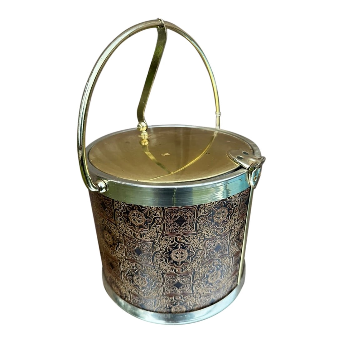 Classic 1960's Gold Embossed Ice Bucket: It's a classic ice bucket to liven up any party with an easy carrying metal handle and lid. Condition: Alterations: Original Condition Unaltered Imperfections: Some Imperfections Condition Notes: