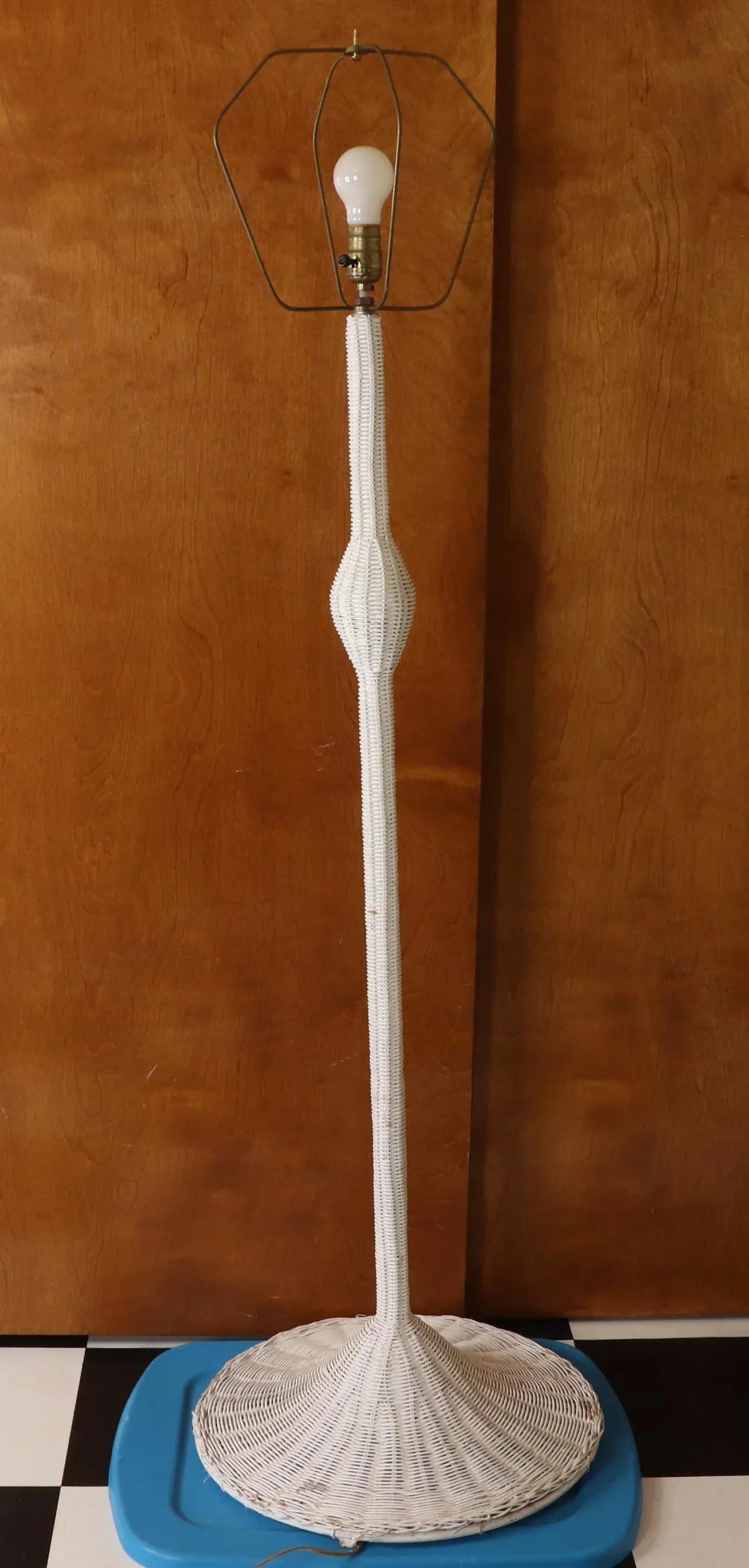 Vintage 1970s Mid Century Modern Tall Light White Rattan Wicker Floor Lamp - 9