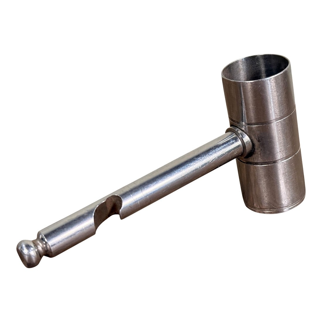 Mid Century Stainless Steel Cocktail Jigger Measuring Tool W/ Bottle Opener: This mid century modern stainless steel cocktail jigger features a cylindrical measuring cup with an integrated handle with bottle opener, measuring 5.75 inches long by 2.75 inches tall and 1.25