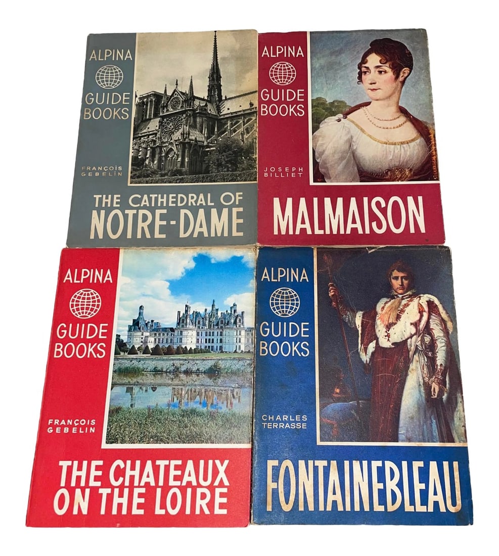 1950s French "Alpina Guide Books" Travel Guides- Set of 4: Set of four vintage Alpina travel guide books of France. The books are dated from 1950-1956. They're in decent condition. The spines are all structurally sound and are not coming undone. Some wear to