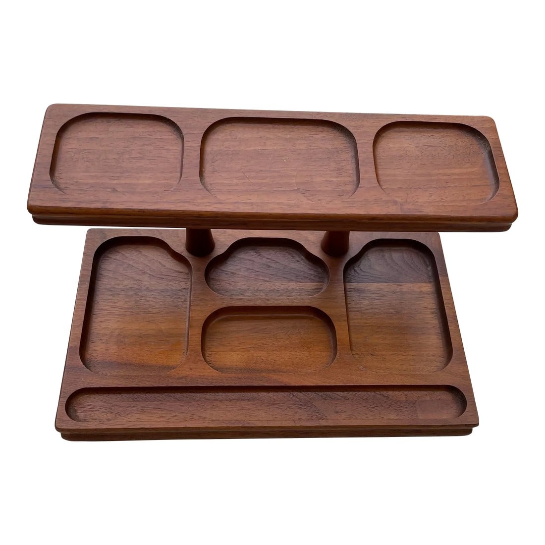 Vintage Walnut Two Tiered Valet: Mid century modern walnut two tiered valet in great shape. The felted base will keep your dresser top free from scratches. First photo is in natural light and shows the true tone. Condition: