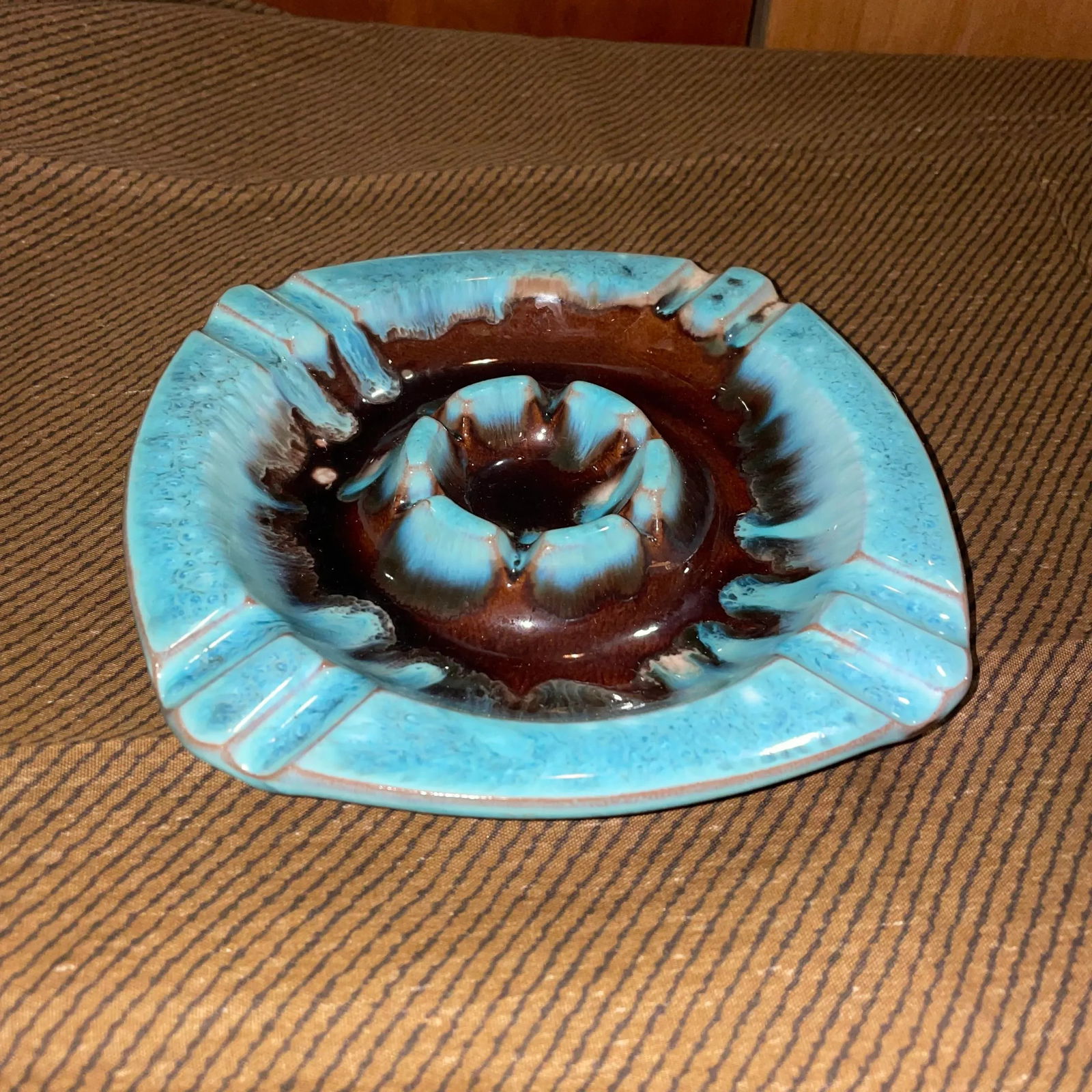 Mid Century Blue and Brown Drip Glaze Ashtray - 2