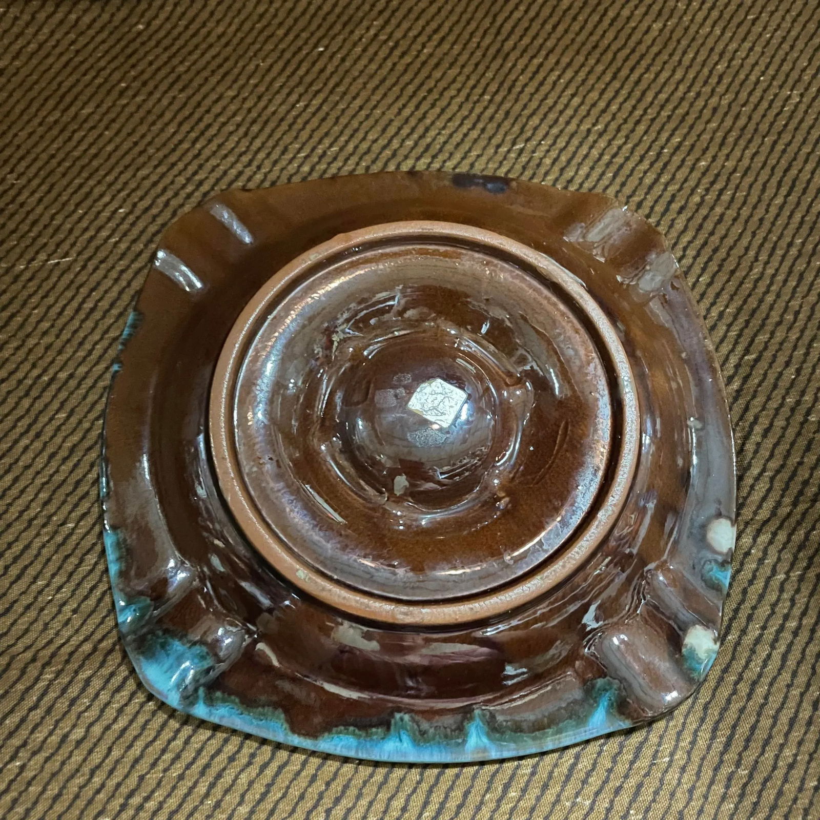 Mid Century Blue and Brown Drip Glaze Ashtray - 4