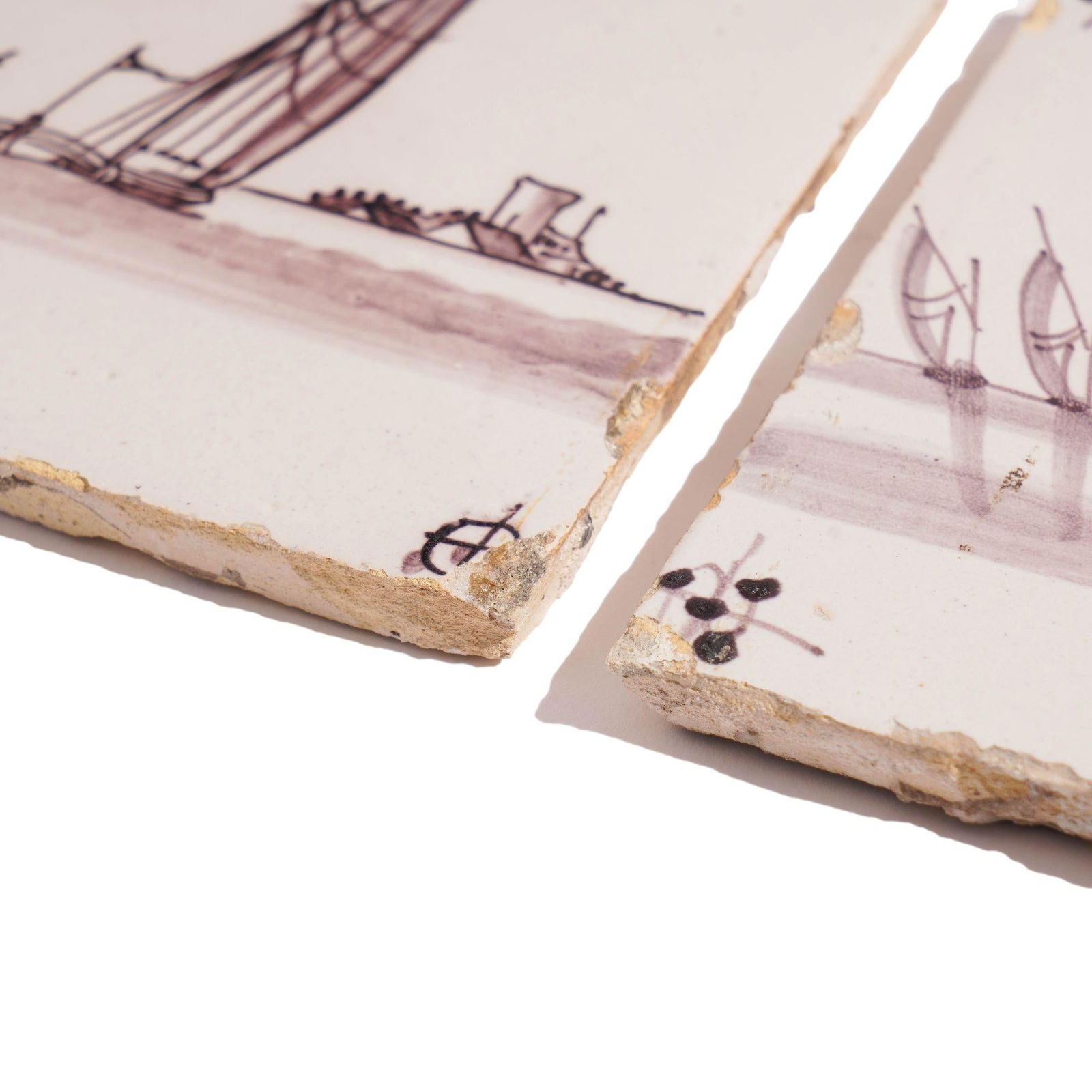 Pair of Mulberry Faience Tiles of Sailing Vessels, C. 1700's - 2