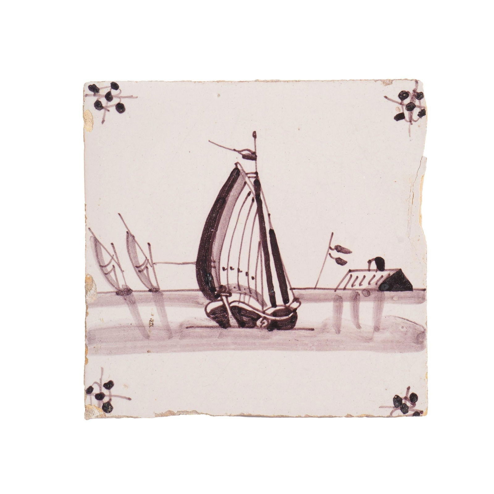 Pair of Mulberry Faience Tiles of Sailing Vessels, C. 1700's - 6