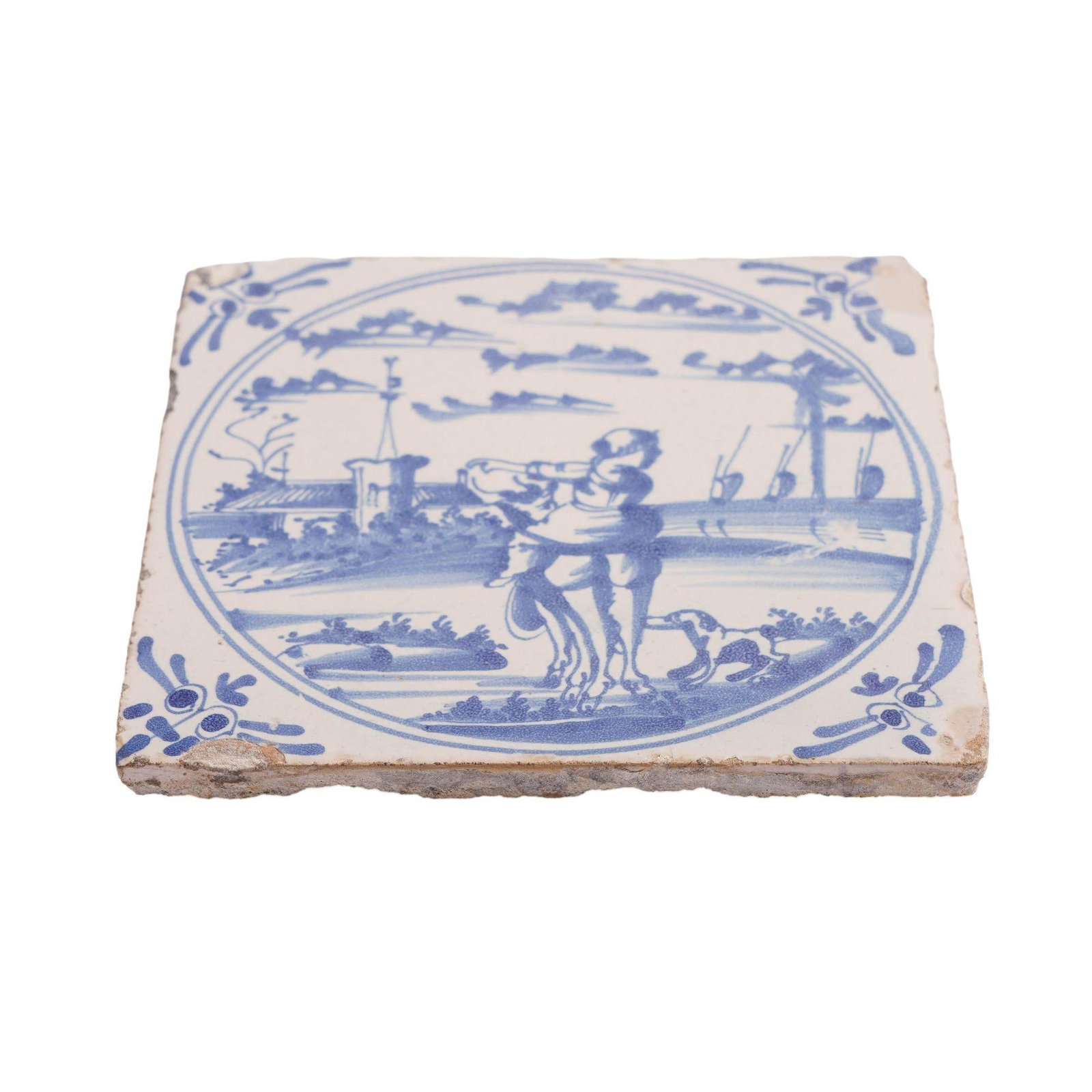 Delft Scenic Tile of Girl Astride a Farm Animal, C. 1600's - 2