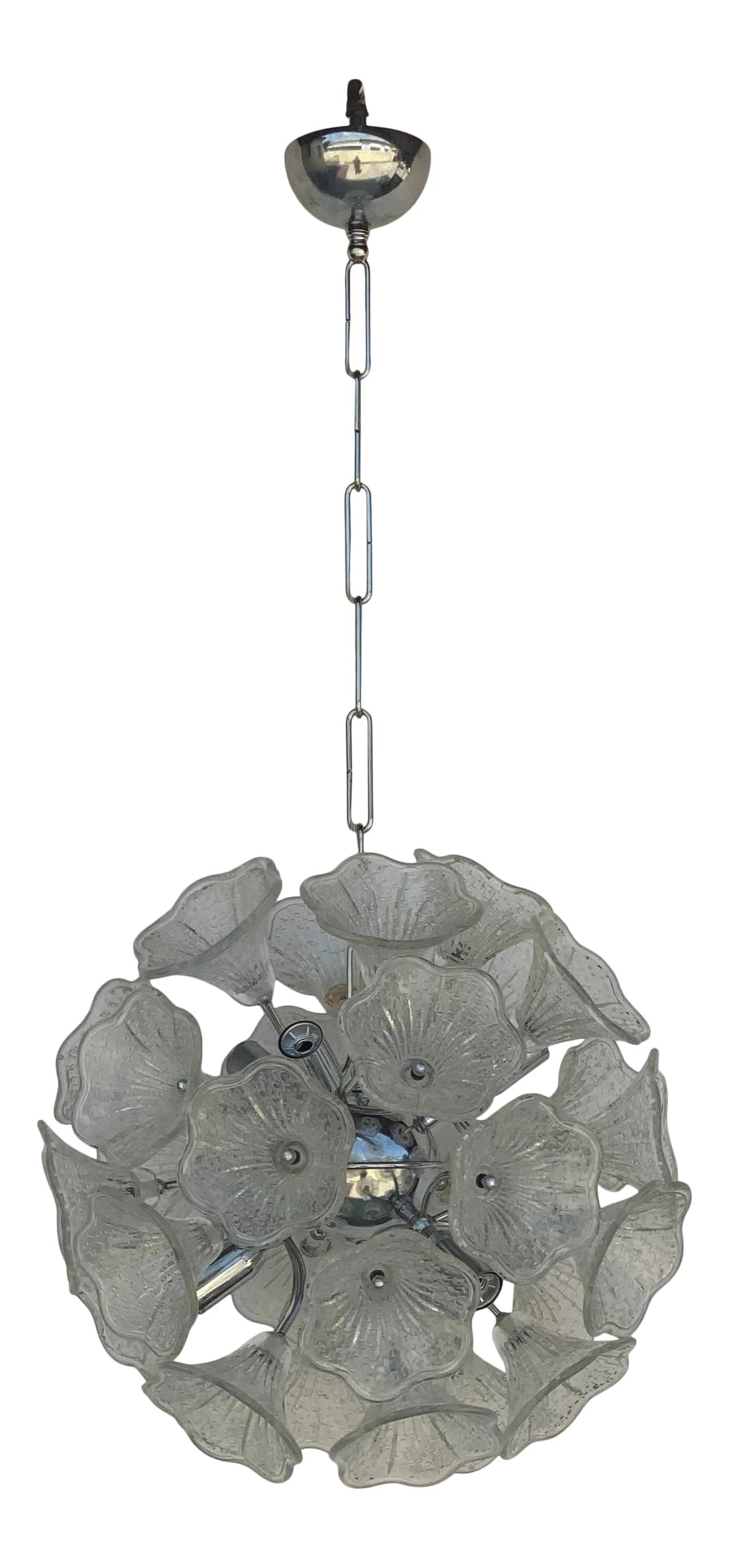 Mid-Century Italian Venini Chandelier: 1960's Italian Venini glass flowers and chrome Sputnik chandelier, in good original condition six light. Condition: Alterations: Original Condition Unaltered Imperfections: Some Imperfections