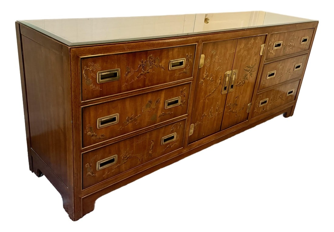 Vintage Chinoiserie Drexel Heritage Dresser.: Vintage Asian Chinoiserie Drexel Heritage Dresser, bevel glass top, is a Mid 20th-century vintage piece with a rectangular shape and a brass handle finish manufactured in the 1960's. Original from