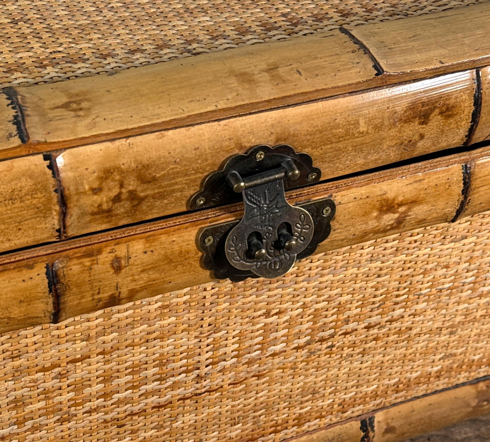 Vintage Bamboo and Woven Rattan Storage Trunk Chest - 2