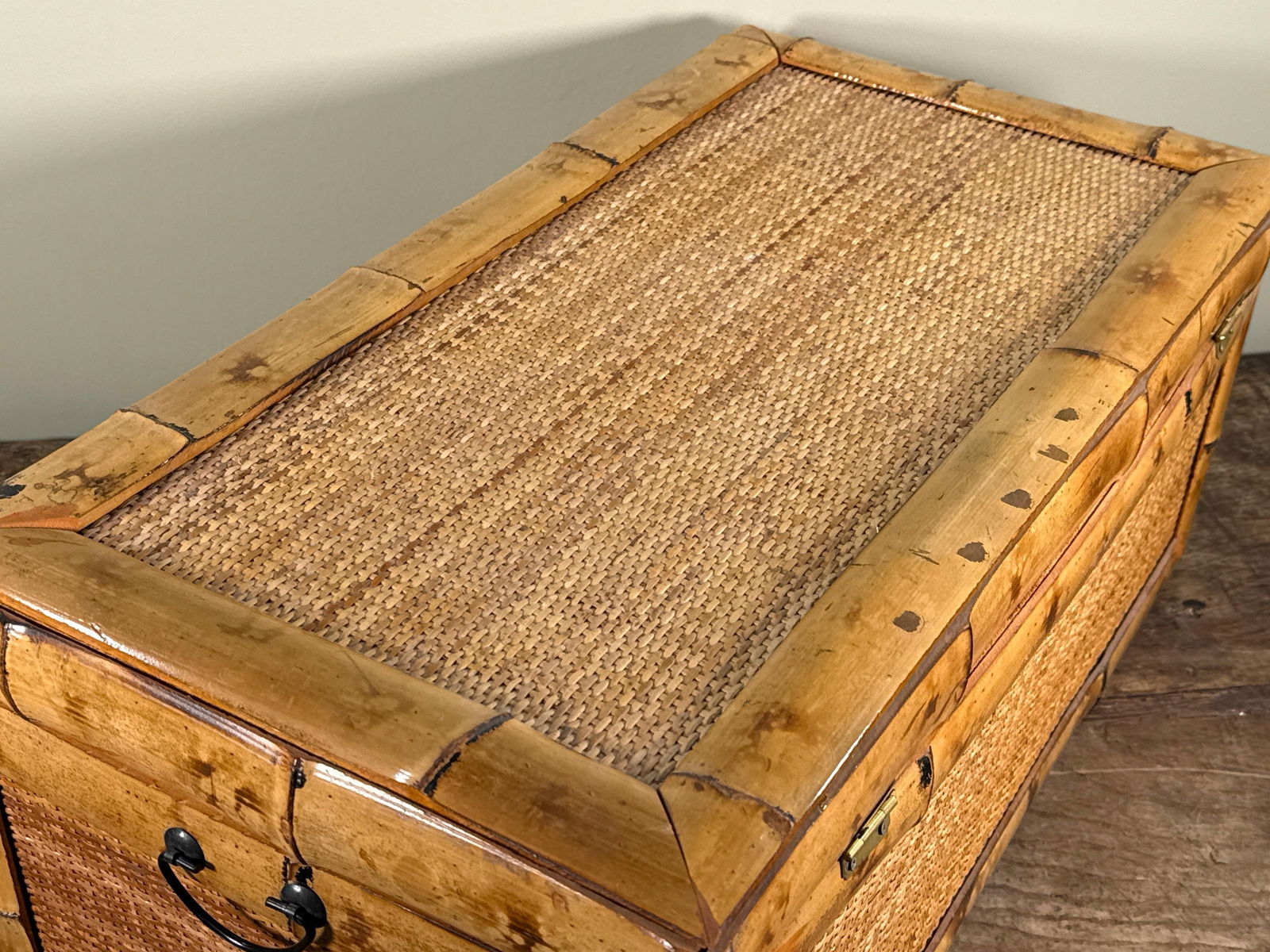 Vintage Bamboo and Woven Rattan Storage Trunk Chest - 7