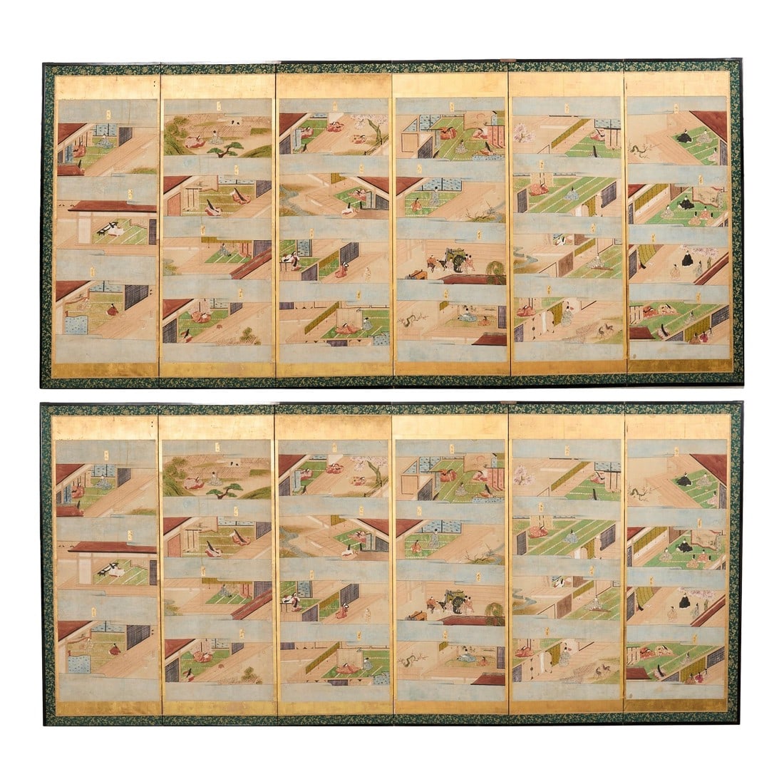 Fifty-Four Scenes from The Tale of Genji Six Panel Screens - a Pair: Incomparable pair of late 18th-century Japanese Edo-period folding six-panel byobu screens depicting all 54 chapters of the tale of Genji in vignettes. Each illustration has a cartouche label with