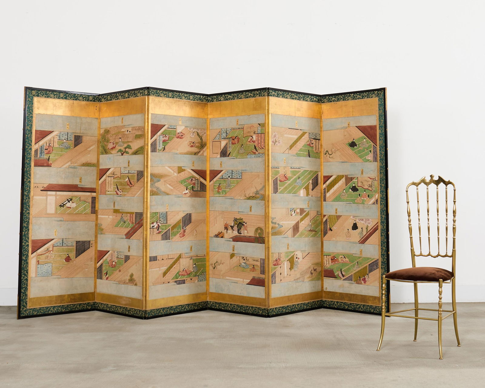 Fifty-Four Scenes from The Tale of Genji Six Panel Screens - a Pair - 3