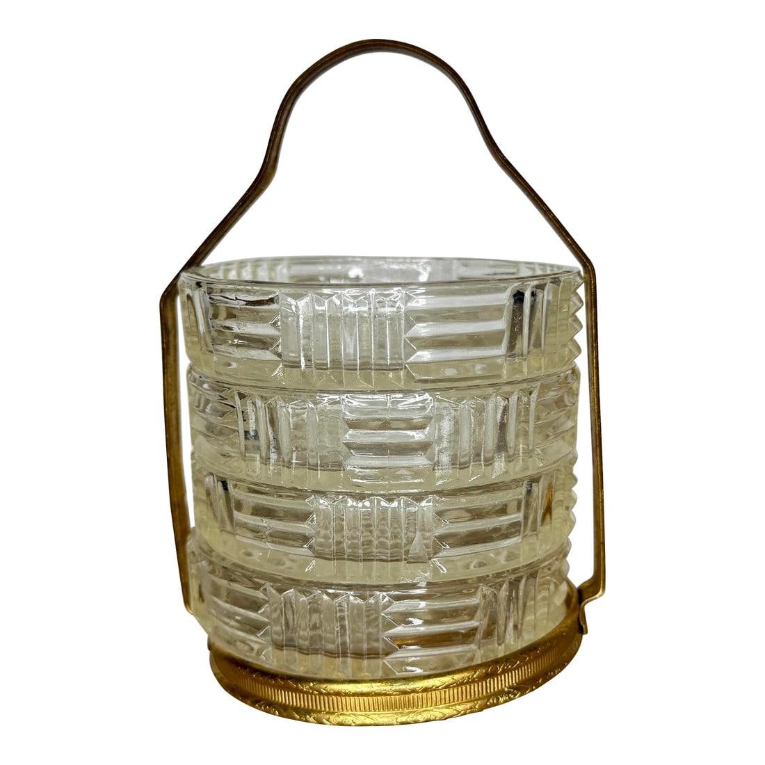 1950s Mid Century Brass Handled Condiment Server With Starburst Pressed Glass Inserts, Set of Four