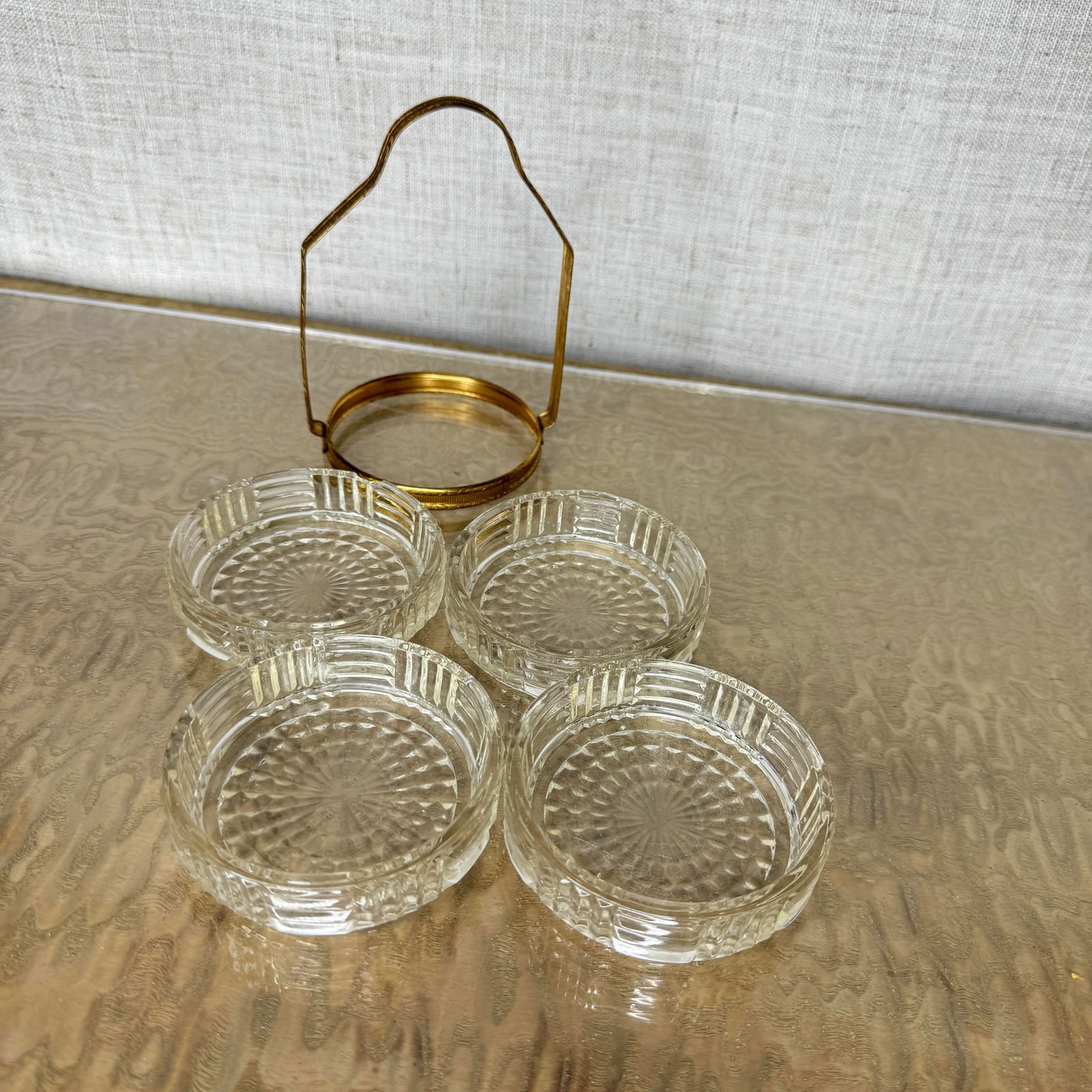 1950s Mid Century Brass Handled Condiment Server With Starburst Pressed Glass Inserts, Set of Four - 3
