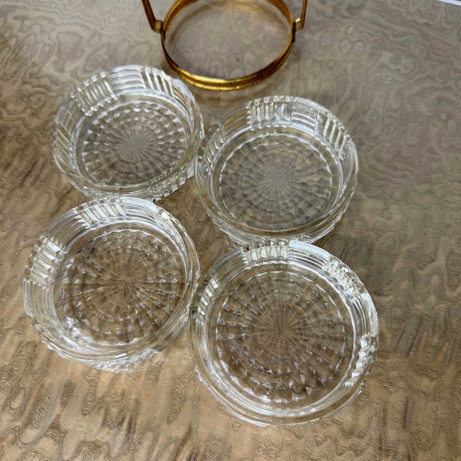 1950s Mid Century Brass Handled Condiment Server With Starburst Pressed Glass Inserts, Set of Four - 7