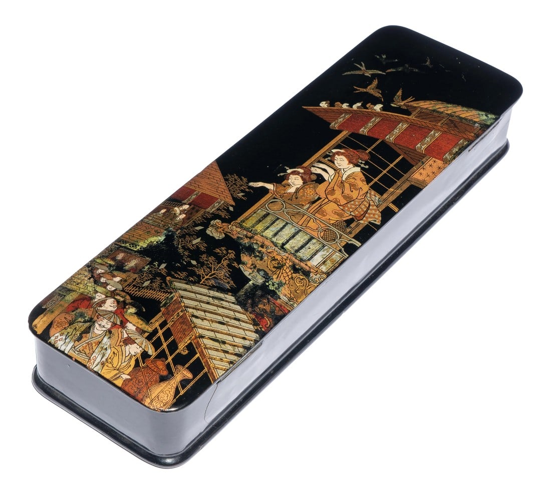 French Lacquer Glove Box in the Japanese Taste: French black lacquered papier mache glove box with hinged lid decorated in polychrome with scenes of a Japanese market. Red lacquered interior. France, circa 1880. Condition: Alterations: Original