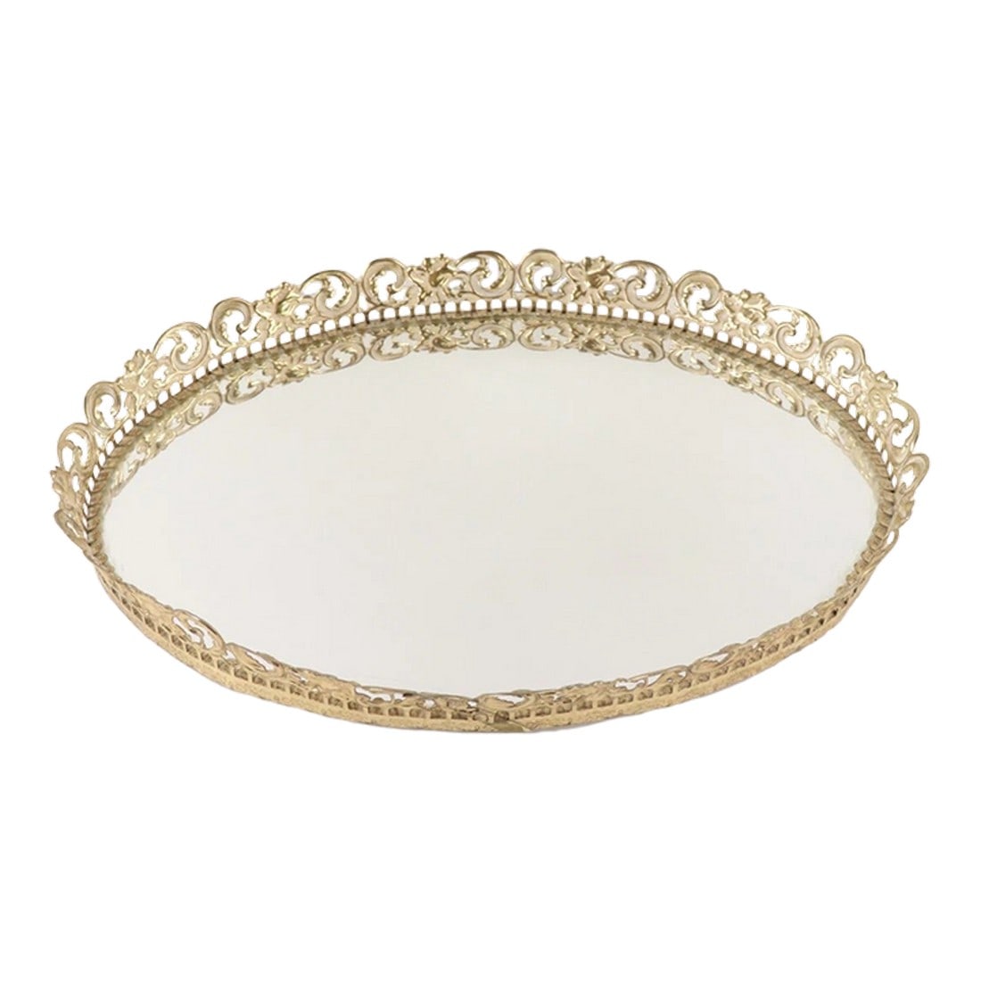 Vintage 70s Mid Century Modern MCM Oval Metal Floral Geometric Mirrored Vanity Tray: Vtg 70s Mid Century Modern MCM Oval Metal Floral Geometric Mirrored Vanity Tray Tray Has patina to the metal and some scratches on the mirror. Measurements in photos. Please view all photos as