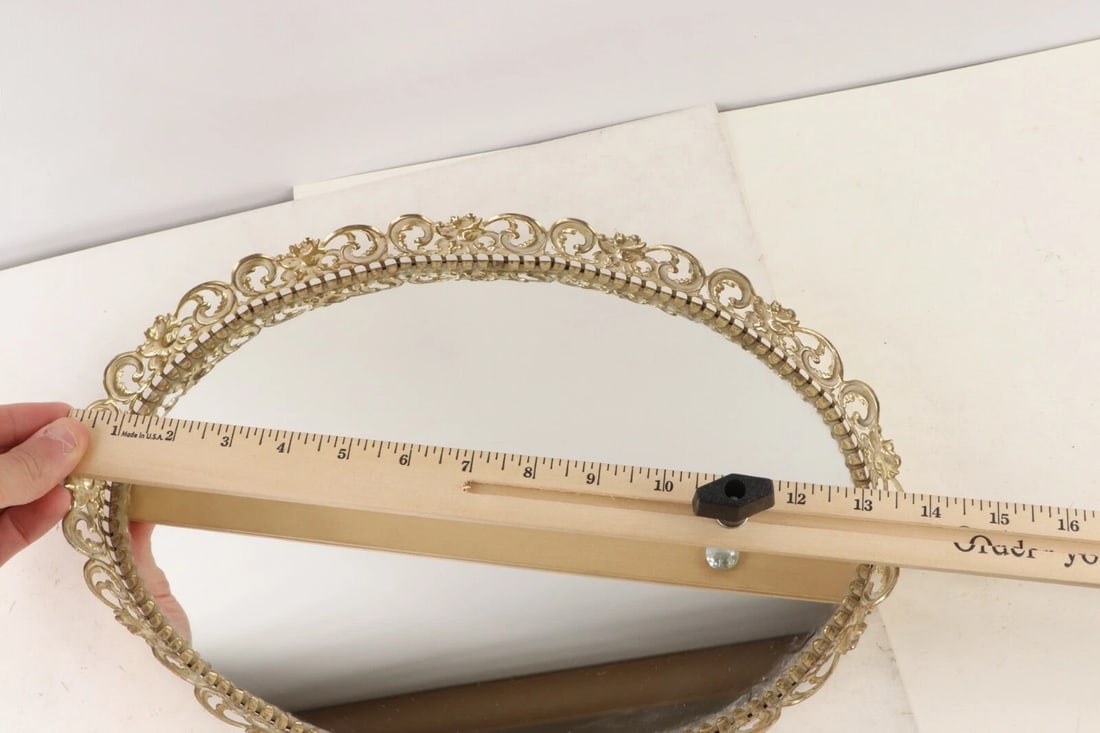 Vintage 70s Mid Century Modern MCM Oval Metal Floral Geometric Mirrored Vanity Tray - 2