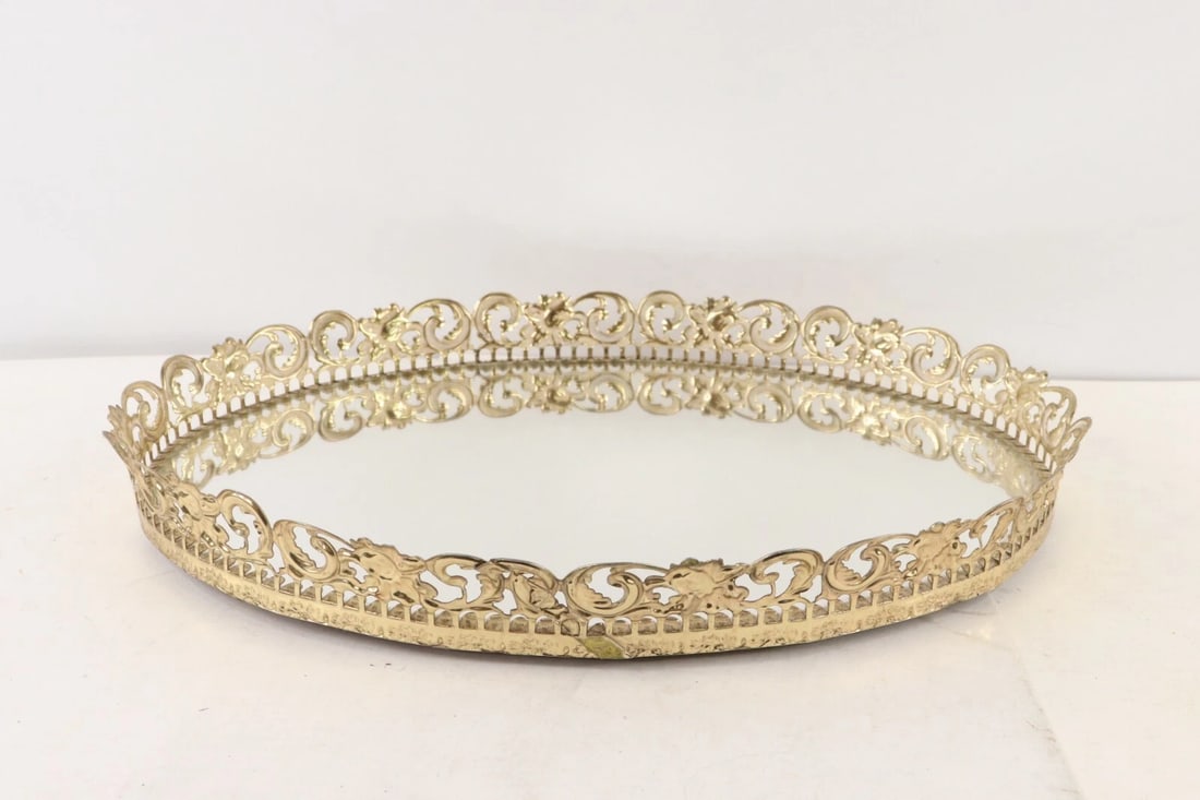 Vintage 70s Mid Century Modern MCM Oval Metal Floral Geometric Mirrored Vanity Tray - 3