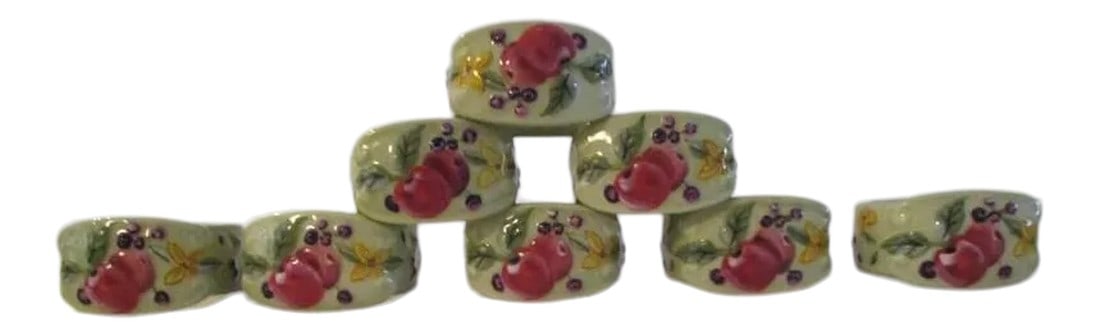 Vintage Fruitful Tapestry Ceramic Napkin Holders, S/8: Lovely set of eight hand-painted ceramic napkin holders. Soft green background featuring a raised fruit and floral motif on three sides of holder. Marked "Tracy Porter The Fruitful Tapestry