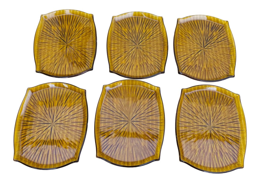 Mid Century Modern Gold Starburst Plastic Drink Trays- Set of 6: Set of 6 plastic drink trays circa 1960s / 1970s with a starburst design etched into the base. All six trays are in good condition with just a few signs of wear. Condition: Alterations: Original