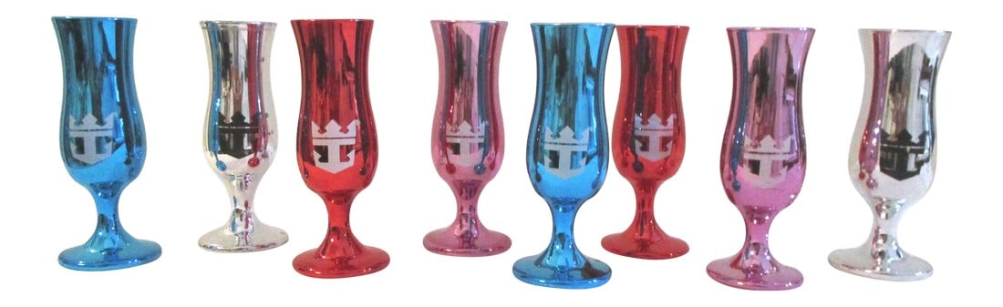 1980s Loving Cup Metallic Glass Cordial/Shot Glasses, Set of 8: Colorful set of eight multicolor Carnival Cruise "Loving Cup" metallic cordial/shot glasses with silver metallic interior. Condition: Alterations: Original Condition Unaltered Imperfections: Some