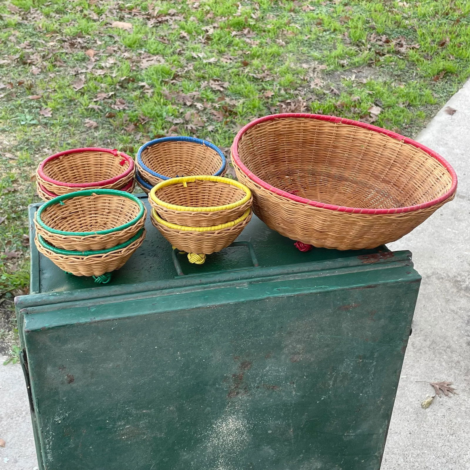 Vintage and Rattan and Multicolor Banded Baskets- a Set of 9 - 13