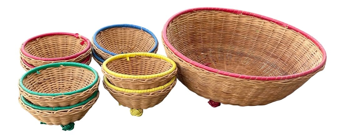 Vintage and Rattan and Multicolor Banded Baskets- a Set of 9 (1 of 13)
